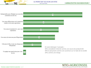 LE POINT DE VUE SUR LES NTIC
                                                                       En % sur 795 rE                          AGRINAUTES ÊTES VOUS INNOVATEURS ?




Indispensables pour sÕadapter aux nouvelles
                                                                                             70
        contraintes de notre ma



  Une source dÕouverture sur le monde des
                                                                             48
     citadins et des autres agriculteurs



      Une source de productivitr pour votre
                                                                        42
                  exploitation




Une source de renouveau pour lÕagriculture                        38




  Utile pour la filiu re mais une charge pour
                                                        22
                  lÕexploitant
                                                                                  On peut distinguer 3 groupes :
                                                                                  40% considèrent Internet comme une source de productivité
                                                                                  40% le perçoivent comme une ouverture sur le reste de la société
    Un gadget sans grand retour pour votre
                                                    3                             20% comme une charge
                   mn tier




 Nouveaux usages d'internet en agriculture   p. 7
 