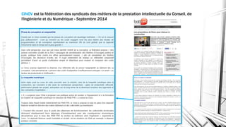 CINOV est la fédération des syndicats des métiers de la prestation intellectuelle du Conseil, de
l'Ingénierie et du Numérique - Septembre 2014
E.S.L.-JonathanRENOU
 