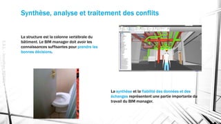 Synthèse, analyse et traitement des conflits
La structure est la colonne vertébrale du
bâtiment. Le BIM manager doit avoir les
connaissances suffisantes pour prendre les
bonnes décisions.
La synthèse et la fiabilité des données et des
échanges représentent une partie importante du
travail du BIM manager.
E.S.L.-JonathanRENOU
 