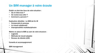 Un BIM manager à votre écoute
Etablir un état des lieux de votre situation :
• Où en êtes-vous ?
• Où voulez-vous aller ?
• Comment y parvenir ?
Explication détaillée : Le BIM de B à M
• Comprendre le process
• Le travail collaboratif
• Interopérabilité multidisciplinaire
Mettre en place le BIM au sein de votre structure :
• Logiciels
• Méthode de travail adaptée
• Niveaux de détails (LOD)
Conseils et accompagnement
BIM management
E.S.L.-JonathanRENOU
 