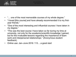 • “… one of the most memorable courses of my whole degree.”
• “I loved [this course] and have already recommended it to my first-
year friends.”
• “One of the most interesting and influential courses I have taken in
my degree.”
• “This was the best course I have taken so far during my time at
university, not only for the academic/scientific knowledge I gained,
but for the invaluable lessons regarding the importance of team
work and interpersonal relationships.” (Anonymous student
feedback).
• Online use: Jan–June 2016: 113….a good start
8
Jan–June 2016: 113
Jan–June 2016: 113
 
