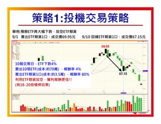 18
策略1:投機交易策略
舉例:預期ETF將大幅下跌，放空ETF期貨
9/1 賣出ETF期貨1口，成交價69.95元 9/10 回補ETF期貨1口，成交價67.15元
10個交易日，ETF下跌4%
賣出10張ETF(成本:約70萬) ，報酬率 4%
賣出ETF期貨1口(成本:約3.5萬) ，報酬率 80%
利用ETF期貨放空，獲利報酬更佳!!
(有18-20倍槓桿效果)
 