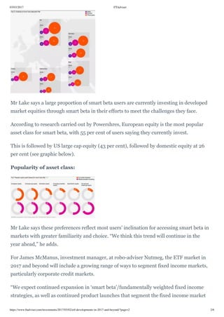 03/03/2017 FTAdviser
https://www.ftadviser.com/investments/2017/03/02/etf-developments-in-2017-and-beyond/?page=2 2/6
Mr Lake says a large proportion of smart beta users are currently investing in developed
market equities through smart beta in their efforts to meet the challenges they face. 
According to research carried out by Powershres, European equity is the most popular
asset class for smart beta, with 55 per cent of users saying they currently invest. 
This is followed by US large cap equity (43 per cent), followed by domestic equity at 26
per cent (see graphic below).
Popularity of asset class:
Mr Lake says these preferences reflect most users’ inclination for accessing smart beta in
markets with greater familiarity and choice. “We think this trend will continue in the
year ahead,” he adds.
For James McManus, investment manager, at robo-adviser Nutmeg, the ETF market in
2017 and beyond will include a growing range of ways to segment fixed income markets,
particularly corporate credit markets. 
“We expect continued expansion in ‘smart beta’/fundamentally weighted fixed income
strategies, as well as continued product launches that segment the fixed income market
 