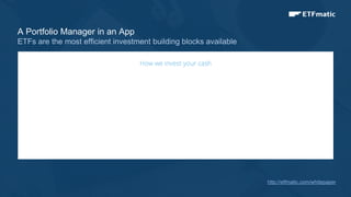 2
A Portfolio Manager in an App
ETFs are the most efficient investment building blocks available
http://etfmatic.com/whitepaper
 