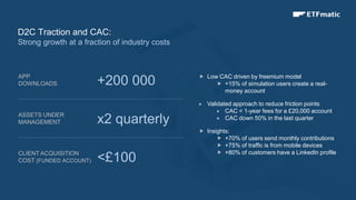 8
ASSETS UNDER
MANAGEMENT
CLIENT ACQUISITION
COST (FUNDED ACCOUNT)
APP
DOWNLOADS
x2 quarterly
D2C Traction and CAC:
Strong growth at a fraction of industry costs
<£100
+200 000  Low CAC driven by freemium model
 +15% of simulation users create a real-
money account
 Validated approach to reduce friction points
 CAC < 1-year fees for a £20,000 account
 CAC down 50% in the last quarter
 Insights:
 +70% of users send monthly contributions
 +75% of traffic is from mobile devices
 +80% of customers have a LinkedIn profile
 