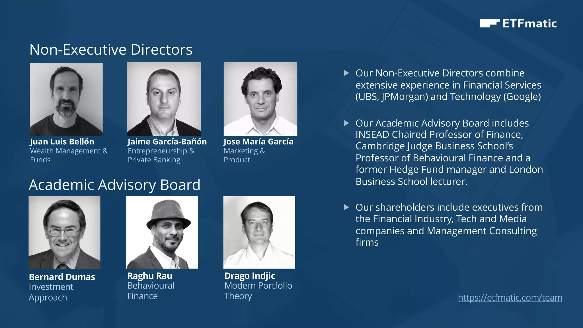 14
Non-Executive Directors
Juan Luis Bellón
Wealth Management &
Funds
Jaime García-Bañón
Entrepreneurship &
Private Banking
Jose María García
Marketing &
Product
Bernard Dumas
Investment
Approach
Drago Indjic
Modern Portfolio
Theory
Raghu Rau
Behavioural
Finance
Academic Advisory Board
https;//etfmatic.com/team
„ Our Non-Executive Directors combine
extensive experience in Financial Services
(UBS, JPMorgan) and Technology (Google)
„ Our Academic Advisory Board includes
INSEAD Chaired Professor of Finance,
Cambridge Judge Business School’s
Professor of Behavioural Finance and a
former Hedge Fund manager and London
Business School lecturer.
„ Our shareholders include executives from
the Financial Industry, Tech and Media
companies and Management Consulting
firms
 