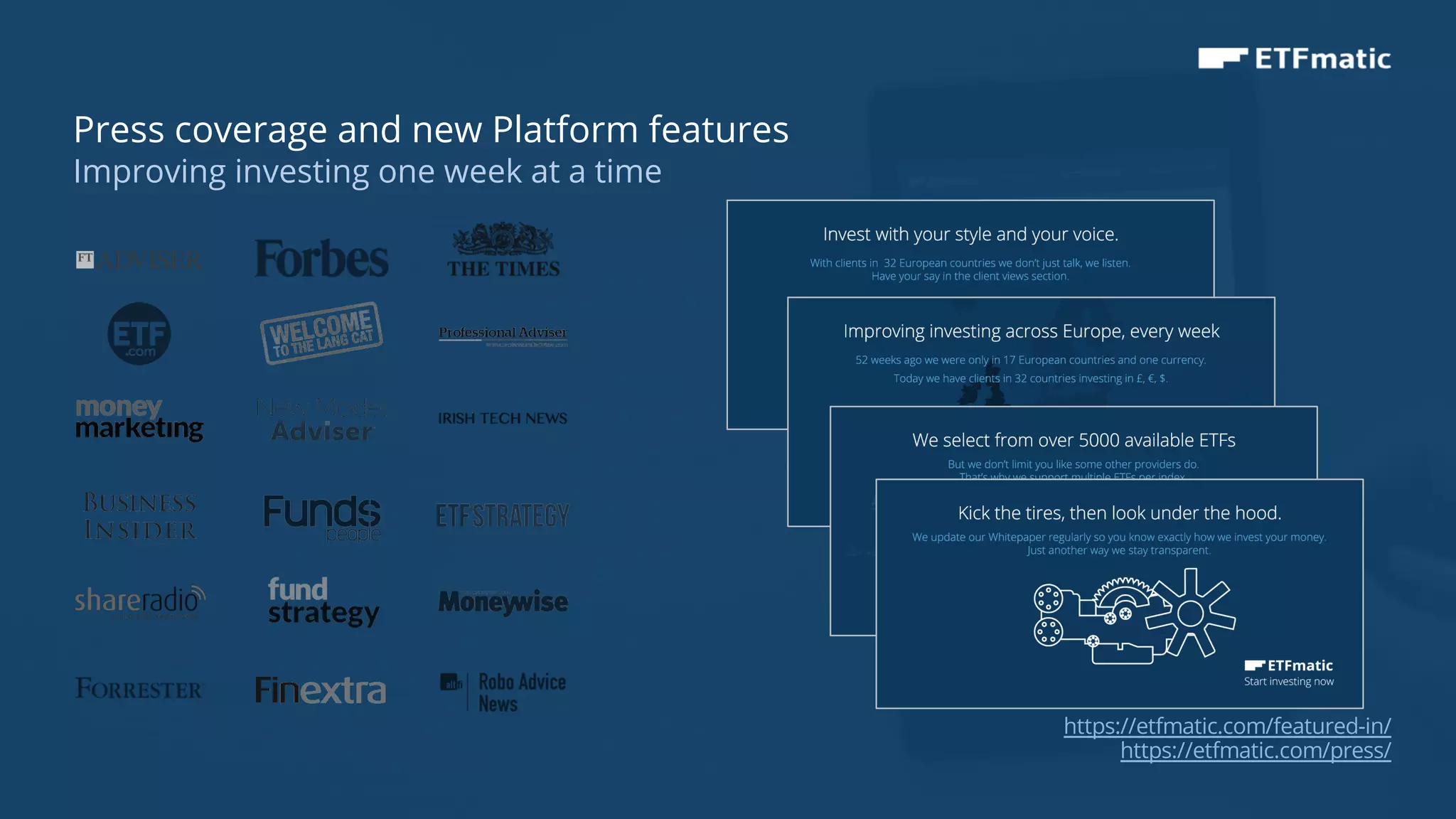 15
Press coverage and new Platform features
Improving investing one week at a time
https://etfmatic.com/featured-in/
https://etfmatic.com/press/
 