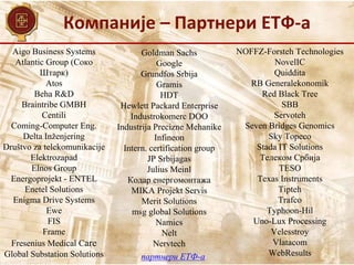 Компаније – Партнери ЕТФ-а
партнери ЕТФ-а
Aigo Business Systems
Atlantic Group (Соко
Штарк)
Atos
Beha R&D
Braintribe GMBH
Centili
Coming-Computer Eng.
Delta Inženjering
Društvo za telekomunikacije
Elektrozapad
Elnos Group
Energoprojekt - ENTEL
Enetel Solutions
Enigma Drive Systems
Ewe
FIS
Frame
Fresenius Medical Care
Global Substation Solutions
Goldman Sachs
Google
Grundfos Srbija
Gramis
HDT
Hewlett Packard Enterprise
Industrokomerc DOO
Industrija Precizne Mehanike
Infineon
Intern. certification group
JP Srbijagas
Julius Meinl
Кодар енергомонтажа
MIKA Projekt Servis
Merit Solutions
msg global Solutions
Namics
Nelt
Nervtech
NOFFZ-Forsteh Technologies
NovelIC
Quiddita
RB Generalekonomik
Red Black Tree
SBB
Servoteh
Seven Bridges Genomics
Sky Topeco
Stada IT Solutions
Телеком Србија
TESO
Texas Instruments
Tipteh
Trafco
Typhoon-Hil
Uno-Lux Processing
Velesstroy
Vlatacom
WebResults
 