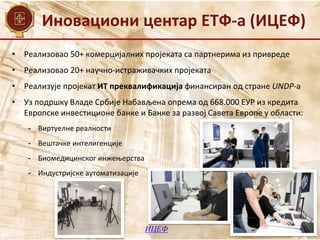 Иновациони центар ЕТФ-а (ИЦЕФ)
• Реализовао 50+ комерцијалних пројеката са партнерима из привреде
• Реализовао 20+ научно-истраживачких пројеката
• Реализује пројекат ИТ преквалификација финансиран од стране UNDP-а
• Уз подршку Владе Србије Набављена опрема од 668.000 ЕУР из кредита
Европске инвестиционе банке и Банке за развој Савета Европе у области:
- Виртуелне реалности
- Вештачке интелигенције
- Биомедицинског инжењерства
- Индустријске аутоматизације
ИЦЕФ
 