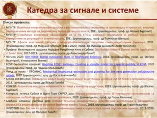 Катедра за сигнале и системе
Списак пројеката:
• МПНТР: Повећање енергетске ефикасности и расположивости у системима за производњу и пренос ел. енергије
развојем нових метода за дијагностику и рану детекцију отказа, 2011. (руководилац: проф. др Жељко Ђуровић)
• МПНТР: Повећање енергетске ефикасности ХЕ и ТЕ ЕПС-а развојем технологије и уређаја енергетске
електронике за регулацију и аутоматизацију, 2011. (руководилац: проф. др Томислав Шекара)
• МПНТР: Eфекти асистивних система у неурорехабилитацији: опоравак сензорно-моторних функција, 2011.
(руководилац: проф. др Мирјана Поповић (2011-2020), проф. др Милица Јанковић (2020-тренутно))
• Пројекат билатералне сарадње Народне Републике Кине и Србије: Distributed Network Control and Its Application
in Smart Grid, 2017-2019. (руководилац: проф. др Александар Ракић)
• Horizon 2020: DIH-HERO: Digital Innovation Hubs in Healthcare Robotics, 2018. (руководилац: проф. др Stefano
Stramigioli, Универзитет Твенте)
• EOSC Co-creation пројекат: Boosting EOSC readiness: Creating a scalable model for capacity building in RDM, 2020
(руководилац: проф. др Надица Миљковић)
• Фонд за науку - ПРОМИС: Mechanical impedance estimation and planning for the next generation collaborative
robots, 2020. (руководилац: доц. др Коста Јовановић)
• Atoms and Bits doo: Софтверски модул компјутерске визије за детекцију догађаја Out-Of-Stock у супермаркетима,
2018. (руководилац: проф. др Вељко Папић)
• ХЕНКЕЛ: Аутоматска контрола исправности куглица у хемијској индустрији, 2019. (руководилац: проф. др Жељко
Ђуровић)
• Контрола летења Србије и Црне Горе СМРСА доо: Израда софтверског алата за планирање секторизације са
прогнозом саобраћаја - оптимална секторизација, 2019. (руководилац: проф. др Горан Квашчев)
• Борбени сложени системи доо: Израда техничке документације електричних инсталација и рачунарског
управљања вишенаменског оклопног борбеног возила Лазар, 2019. (руководилац: проф. др Горан Квашчев)
• INFOSTUD doo: Систем за аутоматску класификацију слика из ауто-огласа према перспективи приказа, 2019-2020.
(руководилац: доц. др Предраг Тадић)
 