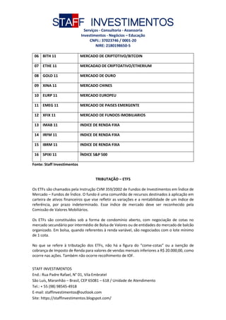 STAFF INVESTIMENTOS
Serviços - Consultoria - Assessoria
Investimentos - Negócios – Educação
CNPJ.: 37023746 / 0001-20
NIRE: 2180198650-5
STAFF INVESTIMENTOS
End.: Rua Padre Rafael, N° 01, Vila Embratel
São Luís, Maranhão – Brasil, CEP 65081 – 618 / Unidade de Atendimento
Tel.: + 55 (98) 98545-4918
E-mail: staffinvestimentos@outlook.com
Site: https://staffinvestimentos.blogspot.com/
06 BITH 11 MERCADO DE CRIPTOTIVO/BITCOIN
07 ETHE 11 MERCADAO DE CRIPTOATIVO/ETHERIUM
08 GOLD 11 MERCADO DE OURO
09 XINA 11 MERCADO CHINES
10 EURP 11 MERCADO EUROPEU
11 EMEG 11 MERCADO DE PAISES EMERGENTE
12 XFIX 11 MERCADO DE FUNDOS IMOBILIARIOS
13 IMAB 11 INDICE DE RENDA FIXA
14 IRFM 11 INDICE DE RENDA FIXA
15 IBRM 11 INDICE DE RENDA FIXA
16 SPIXI 11 ÍNDICE S&P 500
Fonte: Staff Investimentos
TRIBUTAÇÃO – ETFS
Os ETFs são chamados pela Instrução CVM 359/2002 de Fundos de Investimentos em Índice de
Mercado – Fundos de Índice. O fundo é uma comunhão de recursos destinados à aplicação em
carteira de ativos financeiros que vise refletir as variações e a rentabilidade de um índice de
referência, por prazo indeterminado. Esse índice de mercado deve ser reconhecido pela
Comissão de Valores Mobiliários.
Os ETFs são constituídos sob a forma de condomínio aberto, com negociação de cotas no
mercado secundário por intermédio de Bolsa de Valores ou de entidades do mercado de balcão
organizado. Em bolsa, quando referentes à renda variável, são negociados com o lote mínimo
de 1 cota.
No que se refere à tributação dos ETFs, não há a figura do “come-cotas” ou a isenção de
cobrança de Imposto de Renda para valores de vendas mensais inferiores a R$ 20.000,00, como
ocorre nas ações. Também não ocorre recolhimento de IOF.
 