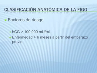 Sin quimioterápia previaMal pronóstico (alto riesgo)> 4 meseshGC > 40000 UI/LMetástasis cerebrales o hepáticasAntecedentes de embarazo a terminoQuimioterápia previa