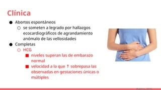 Clínica
● Abortos espontáneos
○ se someten a legrado por hallazgos
ecocardiográficos de agrandamiento
anómalo de las vellosidades
● Completas
○ HCG
■ niveles superan las de embarazo
normal
■ velocidad a la que sobrepasa las
↑
observadas en gestaciones únicas o
múltiples
(Robbins, 2015)
 