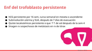 Enf del trofoblasto persistente
● hCG persistente por 16 sem, curva semanal en meseta o ascendente
● Subinvolución uterina y SUA, después de 7 días de evacuación
● Quiste tecaluteínicos persistente o que de vol después de la sem 4
↑↑
● Imagen rx sospechosos de metástasis en rx de tórax
(Robbins, 2015)
 