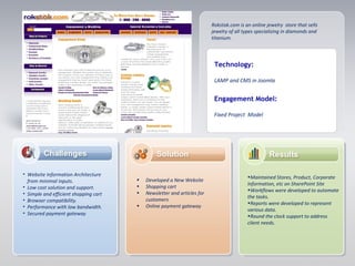 Rokstok.com is an online jewelry store that sells
jewelry of all types specializing in diamonds and
titanium.
Technology:
LAMP and CMS in Joomla
Engagement Model:
Fixed Project Model
• Website Information Architecture
from minimal inputs.
• Low cost solution and support.
• Simple and efficient shopping cart
• Browser compatibility.
• Performance with low bandwidth.
• Secured payment gateway
• Developed a New Website
• Shopping cart
• Newsletter and articles for
customers
• Online payment gateway
•Maintained Stores, Product, Corporate
Information, etc on SharePoint Site
•Workflows were developed to automate
the tasks.
•Reports were developed to represent
various data.
•Round the clock support to address
client needs.
 