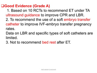 Good Evidence (Grade A)
1. Based on 10 RCTs to recommend ET under TA
ultrasound guidance to improve CPR and LBR.
2. To recommend the use of a soft embryo transfer
catheter to improve IVF-embryo transfer pregnancy
rates.
Data on LBR and specific types of soft catheters are
limited.
3. Not to recommend bed rest after ET.
ABOUBAKR ELNASHAR
 
