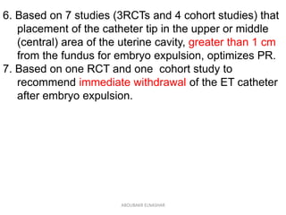 6. Based on 7 studies (3RCTs and 4 cohort studies) that
placement of the catheter tip in the upper or middle
(central) area of the uterine cavity, greater than 1 cm
from the fundus for embryo expulsion, optimizes PR.
7. Based on one RCT and one cohort study to
recommend immediate withdrawal of the ET catheter
after embryo expulsion.
ABOUBAKR ELNASHAR
 