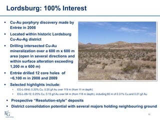 Lordsburg: 100% Interest
17
 Cu-Au porphyry discovery made by
Entrée in 2008
 Located within historic Lordsburg
Cu-Au-Ag district
 Drilling intersected Cu-Au
mineralization over a 600 m x 600 m
area (open in several directions and
within surface alteration exceeding
1,200 m x 600 m)
 Entrée drilled 12 core holes of
~6,100 m in 2008 and 2009
 Selected highlights include:
 Prospective “Resolution-style” deposits
 District consolidation potential with several majors holding neighbouring ground
• EG-L-09-6; 0.20% Cu, 0.20 g/t Au over 119 m (from 11 m depth)
• EG-L-09-12; 0.25% Cu, 0.15 g/t Au over 94 m (from 118 m depth), including 60 m of 0.31% Cu and 0.21 g/t Au
 