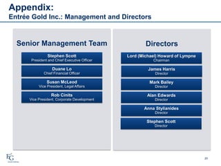Appendix:
Entrée Gold Inc.: Management and Directors
20
Senior Management Team
Stephen Scott
President and Chief Executive Officer
Duane Lo
Chief Financial Officer
Susan McLeod
Vice President, Legal Affairs
Rob Cinits
Vice President, Corporate Development
Directors
Lord (Michael) Howard of Lympne
Chairman
James Harris
Director
Mark Bailey
Director
Alan Edwards
Director
Anna Stylianides
Director
Stephen Scott
Director
 