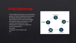 Social engineering is the art of convincing
people to reveal confidential information.
By taking advantage of, basic human
nature like trust or a lack of knowledge,
the attacker deceives people to reveal
sensitive information.For it the
information is used that is gather by
various location like:-
Facebook,
Instagram, Social media sites
Etc.
Social Engineering
 