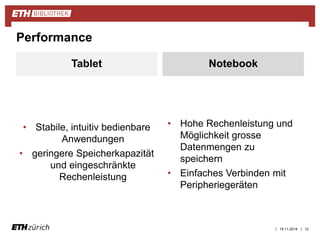 | | 
Tablet 
• Stabile, intuitiv bedienbare 
Anwendungen 
• geringere Speicherkapazität 
und eingeschränkte 
Rechenleistung 
Notebook 
• Hohe Rechenleistung und 
Möglichkeit grosse 
Datenmengen zu 
speichern 
• Einfaches Verbinden mit 
Peripheriegeräten 
19.11.2014 12 
Performance 
 