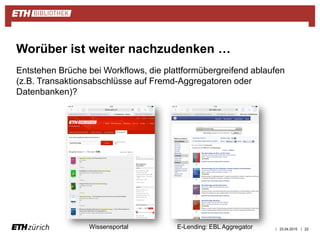 ||
Entstehen Brüche bei Workflows, die plattformübergreifend ablaufen
(z.B. Transaktionsabschlüsse auf Fremd-Aggregatoren oder
Datenbanken)?
23.04.2015 22
Worüber ist weiter nachzudenken …
Wissensportal E-Lending: EBL Aggregator
 