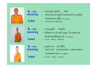 ชื่ือ – ฉายา       : พระใบฎกาสุวตน์ วชโร
                          ใ ี สั           ิโ
สังกัดวัด/ที่อยู่   : วัดประมวลราษฎร์ ตําบลจอหอ อําเภอเมือง
                      จงหวดนครราชสมา
                      จังหวัดนครราชสีมา ๓๐๓๑๐
 โทรศัพท์           : ๐๘๙-๐๘๑-๗๓๘๗

 ชื่อ – ฉายา        : พระบุญเลิศ ปภสฺสโร
สังกัดวัด/ที่อยู่   : วัดลีตลากร ตําบลบ้ านตูล อําเภอชะอวด
                                             ู
                      จังหวัดนครศรี ธรรมราช ๘๐๑๘๐
 โทรศัพท์           : ๐๘๑ - ๕๘๑ - ๕๔๓๖

 ชื่อ – ฉายา        : พระอํานาจ มหาวิริโย
สงกดวด/ทอยู
สังกัดวัด/ที่อย่    : วัดปากบ่อ แขวงสวนหลวง เขตสวนหลวง
                      วดปากบอ
                      กรุงเทพมหานคร ๑๐๒๕๐
 โทรศพท
 โทรศัพท์           : ๐๘๗ - ๐๔๔ - ๖๓๐๖
 