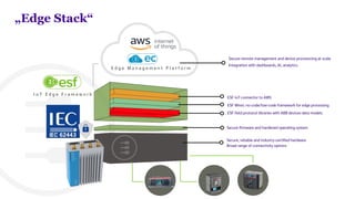 Secure firmware and hardened operating system
I o T E d g e F r a m e w o r k
ESF IoT connector to AWS
ESF Wires: no-code/low-code framework for edge processing
ESF field protocol libraries with ABB devices data models
Secure remote management and device provisioning at scale
Integration with dashboards, AI, analytics
E d g e M a n a g e m e n t P l a t f o r m
Secure, reliable and industry-certified hardware
Broad range of connectivity options
„Edge Stack“
 