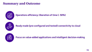 25
Operations efficiency: liberation of time (- 50%)
Ready-made (pre-configured and tested) connectivity to cloud
Focus on value-added applications and intelligent decision-making
Summary and Outcome
 