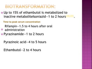  Up to 15% of ethambutol is metabolized to
inactive metaboliteIsoniazid—1 to 2 hours{08}{09}.

 Pyrazinamide—1 to 2 hours
Pyrazinoic acid—4 to 5 hours
Ethambutol—2 to 4 hours
Time to peak serum concentration
Rifampin—1.5 to 4 hours after oral
administration
 