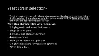 Yeast strain selection-
• Yeast strains are generally chosen from among Saccharomyces cerevisiae ,
S .ellypsoides , S. carlsbergenesis for whey fermentation, Torula cremoris
and Candida pseudotropicalis is used.
Yeast ideal characteristics for fermentation-
• 1. high growth and fermentation rate.
• 2.high ethanol yield
• 3. ethanol and glucose tolerance.
• 4.osmotolerance
• 5.low pH fermentation optimum
• 6. high temperature fermentation optimum
• 7.Crab tree effect.
 