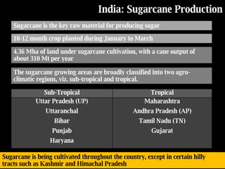 India: Sugarcane Production  Sugarcane is the key raw material for producing sugar  10-12 month crop planted during January to March   4.36 Mha of land under sugarcane cultivation, with a cane output of about 310 Mt per year The sugarcane growing areas are broadly classified into two agro-climatic regions, viz. sub-tropical and tropical.  Sugarcane is being cultivated throughout the country, except in certain hilly  tracts such as Kashmir and Himachal Pradesh   Sub-Tropical Tropical Uttar Pradesh (UP) Uttaranchal Bihar Punjab Haryana Maharashtra Andhra Pradesh (AP) Tamil Nadu (TN) Gujarat 