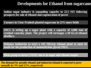 Developments for Ethanol from sugarcane Birla group to invest US$187 mn to in sugar and ethanol output Indian sugar industry is expanding capacity to 22.5 MT following prospects for sale of ethanol and cogeneration of power Farmers in Uttar Pradesh planted sugarcane in 25% more fields DSCL is setting up a sugar plant with a capacity of 4,000 tons of crushed cane/day plant. The project will envisages a 60 KL/d ethanol distillery. Reliance Industries to erect a 195 Ml/year ethanol plant to meet its needs for the production of monoethylene glycol (MEG The demand for potable ethanol and industrial ethanol is expected to grow annually by 3% and 3.5%, respectively 