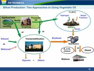 PETROBRAS
 Bifuel Production- Two Approaches to Using Vegetable Oil

                                                       Hydrogen                   Diesel
Agribusiness                  Processed                                          Fractions
           Seeds                 Oil


 Farming           Crushing                                      Refinery
                                                                         Diesel
                   or                     or


Ethanol                 Transerestification    Biodiesel

 or                                                               Distributors

                                                             B2 or B5      or
Methanol                                                                              Diesel
                                                             mixture



                                                           Stations
                   Glycerin    +    Others

           Complementary and not competitive processes
                                                                                             19
 
