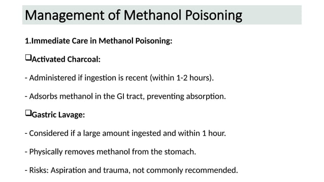 Describe the symptoms and management of ethanol and methanol poisonings ...