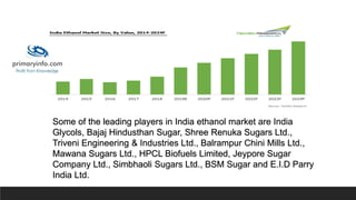 Some of the leading players in India ethanol market are India
Glycols, Bajaj Hindusthan Sugar, Shree Renuka Sugars Ltd.,
Triveni Engineering & Industries Ltd., Balrampur Chini Mills Ltd.,
Mawana Sugars Ltd., HPCL Biofuels Limited, Jeypore Sugar
Company Ltd., Simbhaoli Sugars Ltd., BSM Sugar and E.I.D Parry
India Ltd.
 