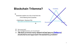 ● Wrongapproach!
● Not in asingleblockchain,can it beachieved!
● Weshall promotemany decentralized secure(DeSecure)
blockchainsand approach thescalability problem!
19
Blockchain Trilemma?
“blockchain systems can only at most have two
of the following three properties
- Vitalik Buterin, Sharding FAQ
https://github.com/ethereum/wiki/wiki/Sharding-FAQ
”
Scalability
Decentralized Security
 