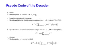 Pseudo Code of the Decoder
 Input:
 Hard decision of a priori LLR:
 Iteration: repeat until converse
 Update variable-to-check node messages for t = 1, 2, …, N and :
 Update check-to-variable node messages for l = 1, 2, …, M and :
 Output
 Hard decision of a posteriori LLR:
[ ]t
aL t= e
2( )
l t t l
t Q l t
L L′→ →
′∈
= ⊕∑
( )1( )
( ) 1t l t l t
al Q t l
L L L j′→ →
′∈
 = ⊕ −
 ∑
1( )l Q t∀ ∈
2( )t Q l∀ ∈
1( )
ˆ[ ]t l t l t
a l Q t
L L L j t′→ →
′∈
 = ⊕
 ∑ c
 