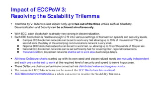 Impact of ECCPoW 3:
Resolving the Scalability Trilemma
 Trilemma by V. Buterin is well known: Only up to two out of the three virtues such as Scalibility,
Decentralization and Security can be achieved simultaneously.
 With ECC, each blockchain is already very strong in decentralization.
 Each EEC blockchain is flexible enough to fit into various settings of transaction speeds and security levels.
 Campus ECC blockchain networks can be set to work very fast allowing up to 100s of thousands of TXs per
second since the delay of the underlying communications network is very small.
 Regional ECC blockchain networks can be set to work fast, i.e. allowing up to 10s of thousands of TXs per sec.
 National ECC blockchain networks can be set sufficiently fast for covering inter-regional transactions.
 Transnational ECC blockchain networks shall be set to work slow due to large delays.
 All these DeSecure chains started up with its own seed and decentralized levels are mutually independent
and each one can be set to work at the required level of security and speed to serve its purpose.
 These DeSecure chains can be inter-connected via distributed value-exchange networks.
 The connected ECC blockchains can be named the ECC Blockchain International.
 ECC Blockchain International as a whole can serve to resolve the Scalability Trilemma.
 