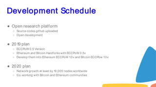 Development Schedule
● Open research platform
○ Source codes github uploaded
○ Open development
● 2019 plan
○ ECCPoW 0.5 Version
○ Ethereum and Bitcoin Hardforks with ECCPoW 0.5v
○ Develop them into Ethereum ECCPoW 1.0v and Bitcoin ECCPow 1.0v
● 2020 plan
○ Network growth at least by 10,000 nodes worldwide
○ Co-working with Bitcoin and Ethereum communities
 
