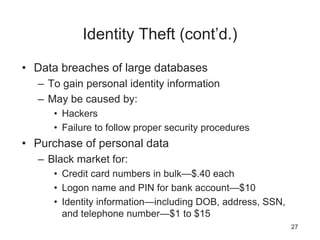 Identity Theft (cont’d.)
• Data breaches of large databases
– To gain personal identity information
– May be caused by:
• Hackers
• Failure to follow proper security procedures
• Purchase of personal data
– Black market for:
• Credit card numbers in bulk—$.40 each
• Logon name and PIN for bank account—$10
• Identity information—including DOB, address, SSN,
and telephone number—$1 to $15
27
 