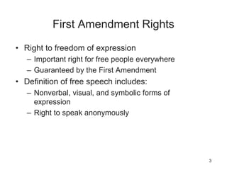 First Amendment Rights
• Right to freedom of expression
– Important right for free people everywhere
– Guaranteed by the First Amendment
• Definition of free speech includes:
– Nonverbal, visual, and symbolic forms of
expression
– Right to speak anonymously
3
 