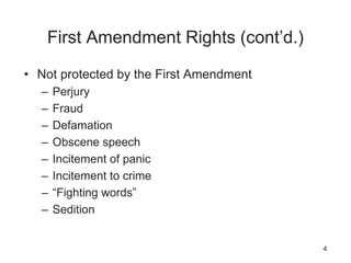 First Amendment Rights (cont’d.)
• Not protected by the First Amendment
– Perjury
– Fraud
– Defamation
– Obscene speech
– Incitement of panic
– Incitement to crime
– “Fighting words”
– Sedition
4
 