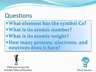 Questions




  Click here to view the
Periodic Table of Elements   Check Answer
 