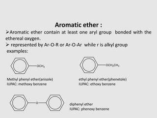 Aromatic ether :
Aromatic ether contain at least one aryl group bonded with the
ethereal oxygen.
 represented by Ar-O-R or Ar-O-Ar while r is alkyl group
examples:
Methyl phenyl ether(anisole)
IUPAC: methoxy benzene
ethyl phenyl ether(phenetole)
IUPAC: ethoxy benzene
diphenyl ether
IUPAC: phenoxy benzene
 