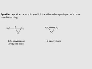 Epoxides : epoxides are cyclic in which the ethereal oxygen is part of a three
membered ring.
1,2-epoxypropane
(propylene oxide)
1,2-epoxyethane
 