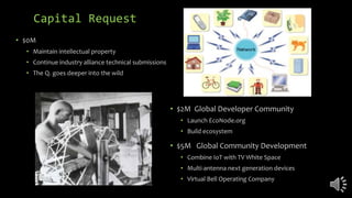 Capital Request
• $0M
• Maintain intellectual property
• Continue industry alliance technical submissions
• The Q. goes deeper into the wild
• $2M Global Developer Community
• Launch EcoNode.org
• Build ecosystem
• $5M Global Community Development
• Combine IoT with TV White Space
• Multi-antenna next generation devices
• Virtual Bell Operating Company
 