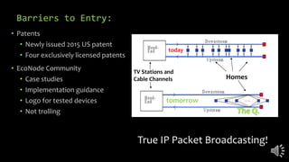 Barriers to Entry:
• Patents
• Newly issued 2015 US patent
• Four exclusively licensed patents
• EcoNode Community
• Case studies
• Implementation guidance
• Logo for tested devices
• Not trolling
TV Stations and
Cable Channels Homes
True IP Packet Broadcasting!
today
tomorrow
 