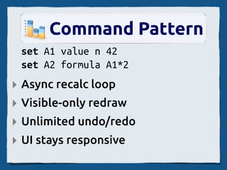 Command Pattern
 set A1 value n 42
 set A2 formula A1*2
‣ Async recalc loop
‣ Visible-only redraw
‣ Unlimited undo/redo
‣ UI stays responsive
 