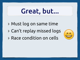 SocialCalcActivity.py
                                      Gecko/XPCOM
                                     SocialCalc.js
                                        XoCom.js

              set A1 value n 42         XoCom.py

                                      D-Bus + Telepathy
                            OLPC Mesh
Manusheel
  Gupta                     Broadcast
                             網絡廣播




Vijit Singh
 